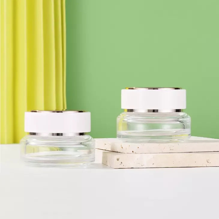 Empty Luxury clear Skincare Face Cream Cosmetic Glass Jar 30g Refillable Eye Hand Cream Sloping Bottom Glass Jar with Unique 
