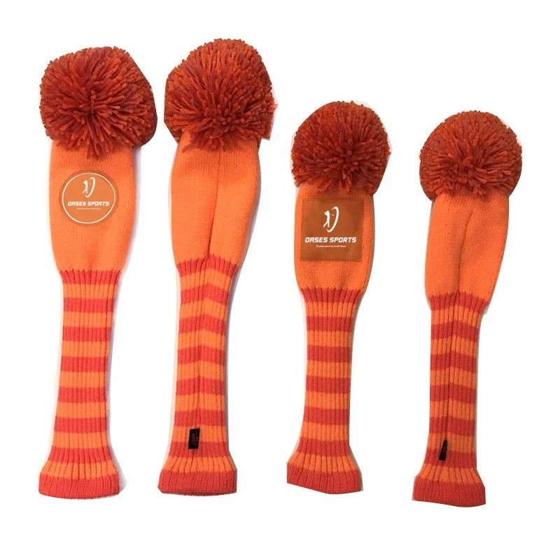 Factory Direct Wholesale Stripe Pom Pom Knitted Wool Golf Club Head Covers