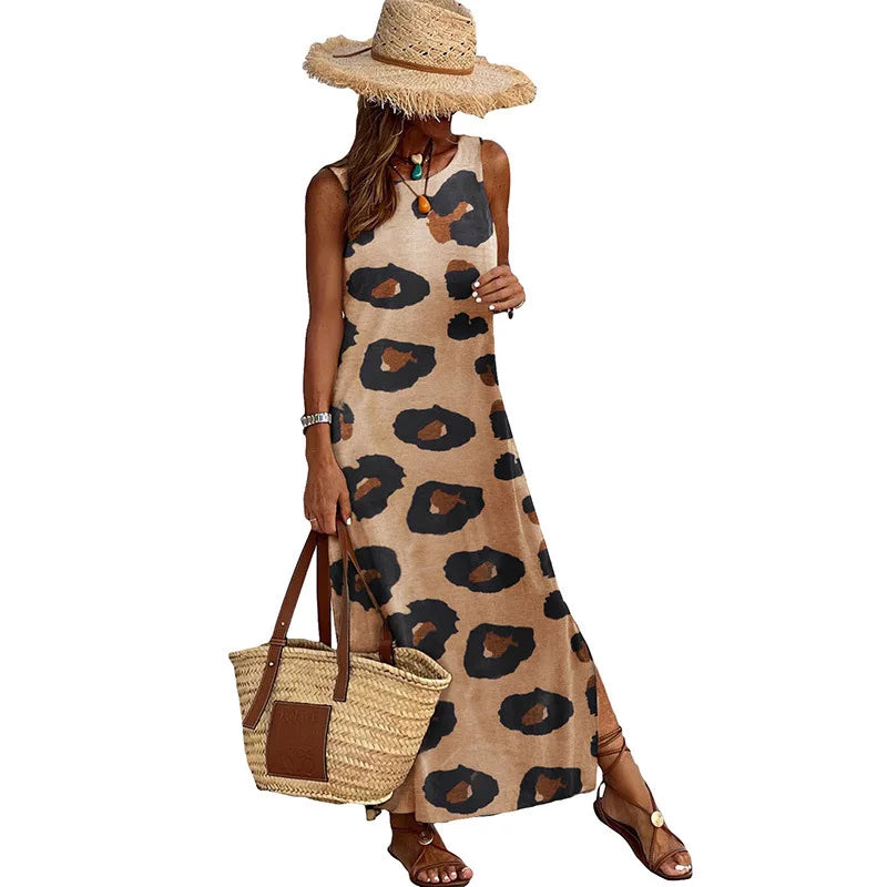 2024 Summer Vestidos Para Mujer Leopard Printed Loose Split Sleeveless Maxi Long Dress