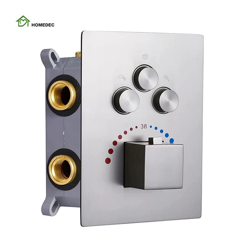3-Way Thermostatic Concealed Shower Diverter Valve 3 Outlet Solid Brass Mixer with Rain Spray Pattern Brushed Nickel Finish