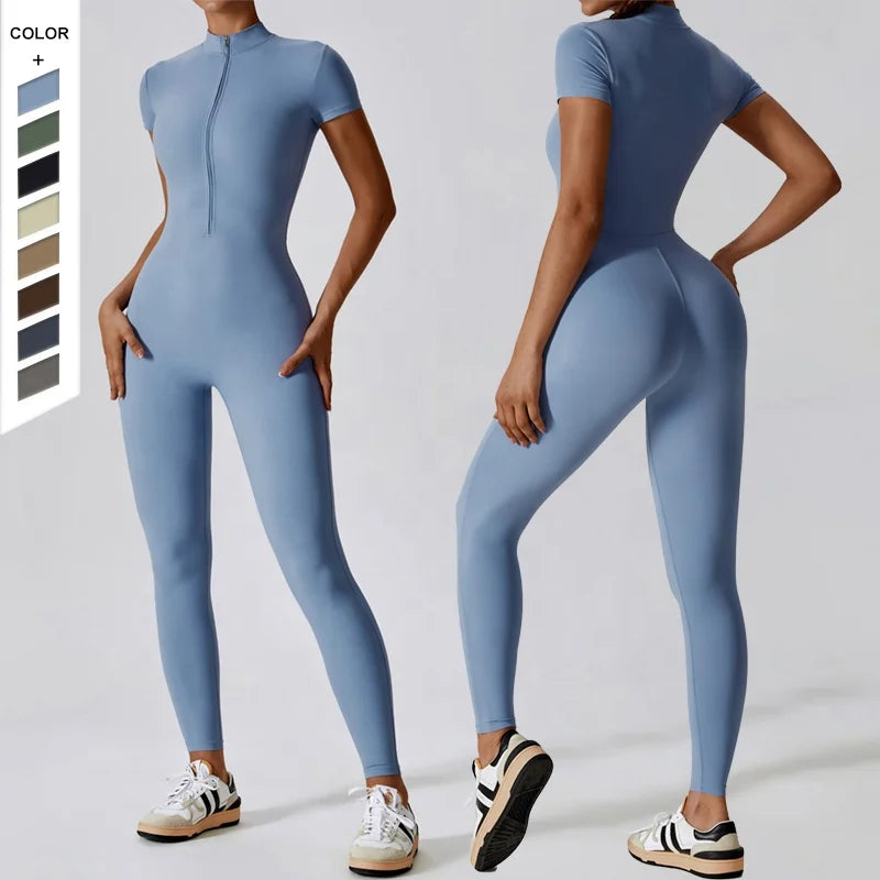 European and American Half Zipper Short Sleeve Yoga Jumpsuit Tight Waist Design Breathable Fitness Sports Bodysuit