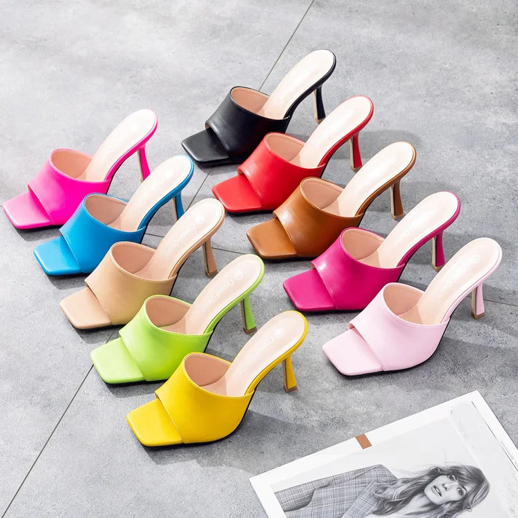 9 cm square Toe Multi Color High Heel Sandals slippers Women's Shoes High Heel Women Slipper Sandals