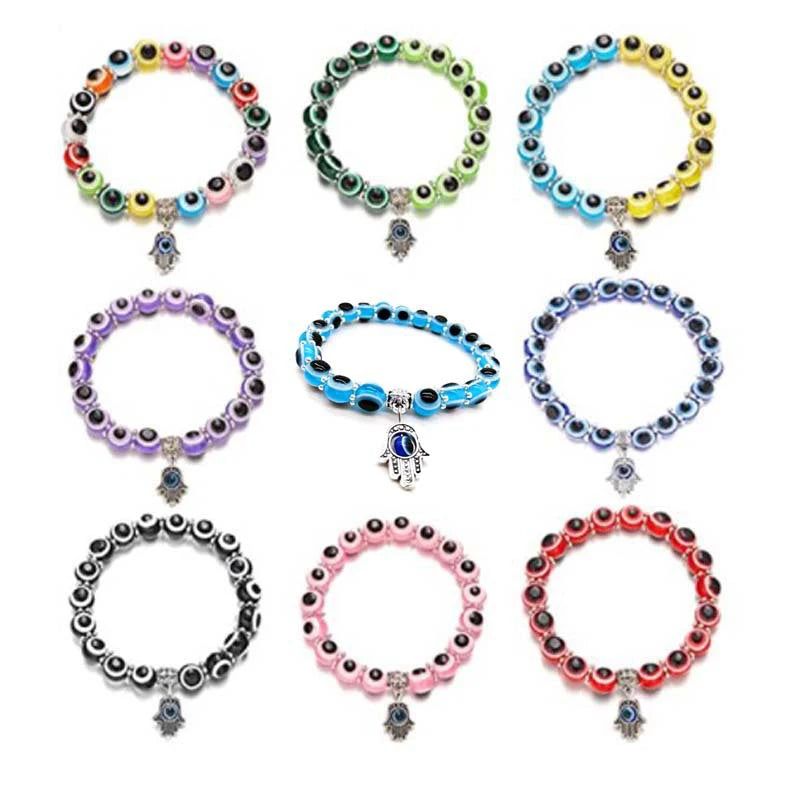 Cross-border Fashion Temperament Resin Bead Bracelet Vintage Devil Eye Bracelet Fatima Hand Pendant Bracelet for Girls