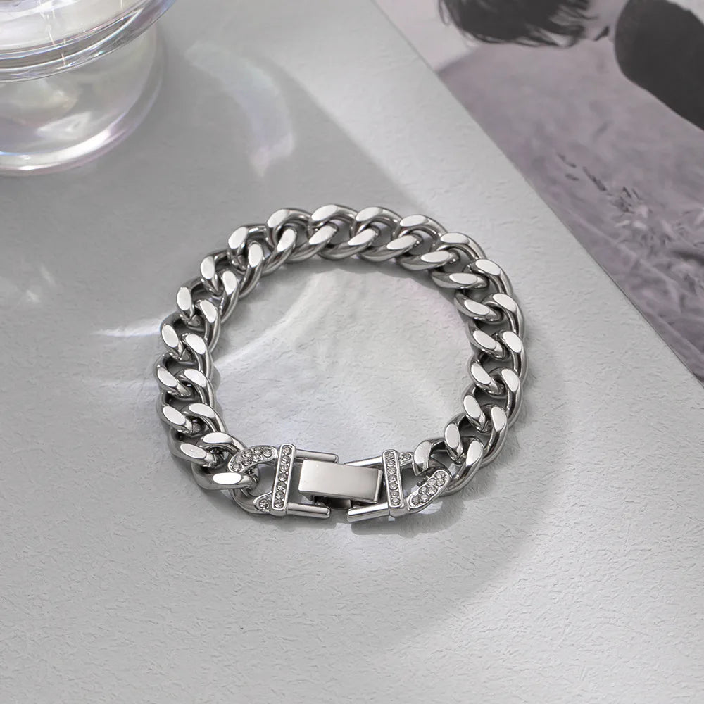 Punk No Fade Tarnish Waterproof 18cm Curb Chain Cuban Link Bracelet Women Silver Plated 316 Stainless Steel Thick Cuban Brace