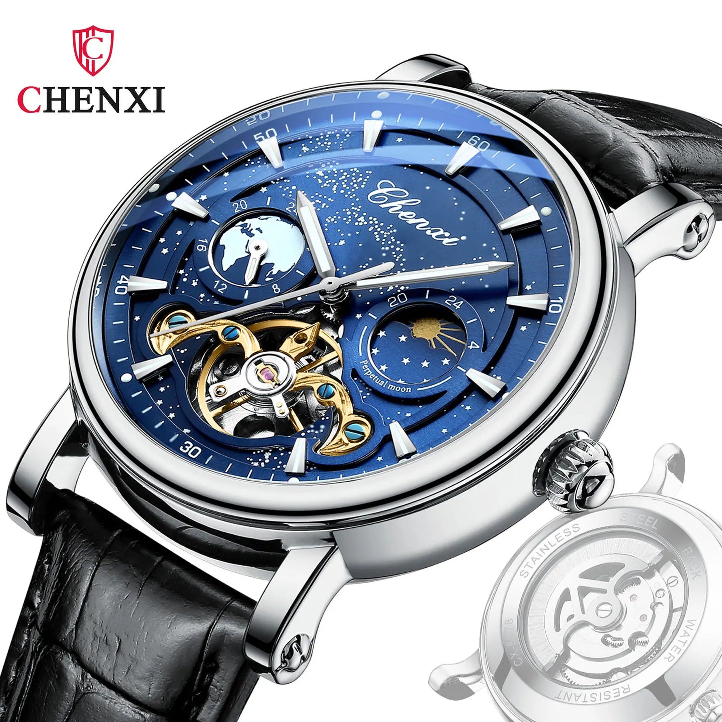 CHENXI Lunar Hollow Flywheel Mechanical Watch Men's Automatic Luminous Live Cross-border Business Belt
