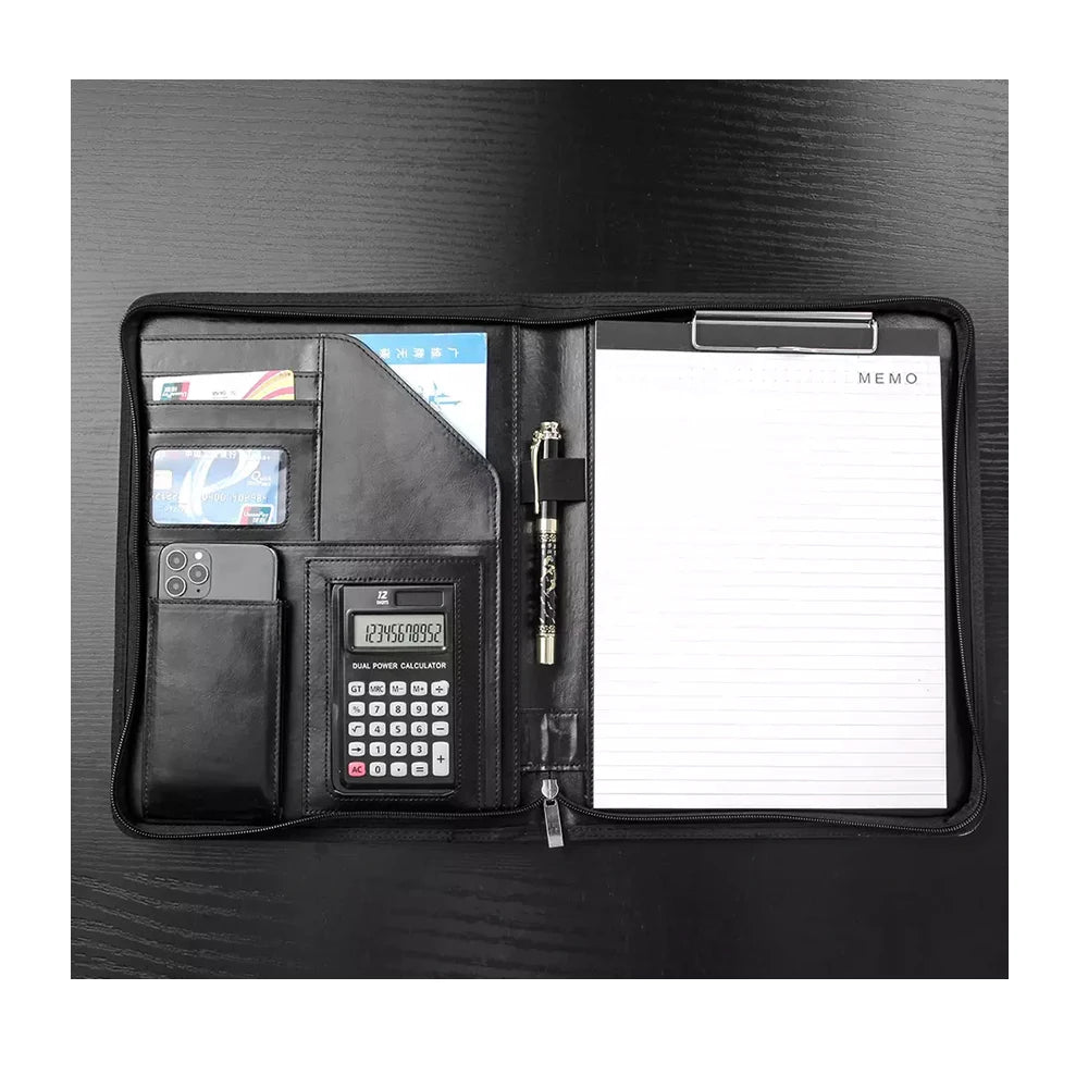 A4 Pu Leather Zippered Pad Folio Mens Resume Office Stationery Files and Folders Trading Small Card Binder Portfolio Organize