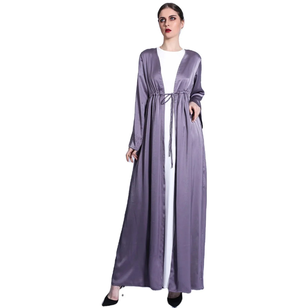 Guangdong Factory Tend Product Matte Material Drawstring Belt Rhinestone Cuff Long Open Style Arab Gulf Elegant Women's Abaya