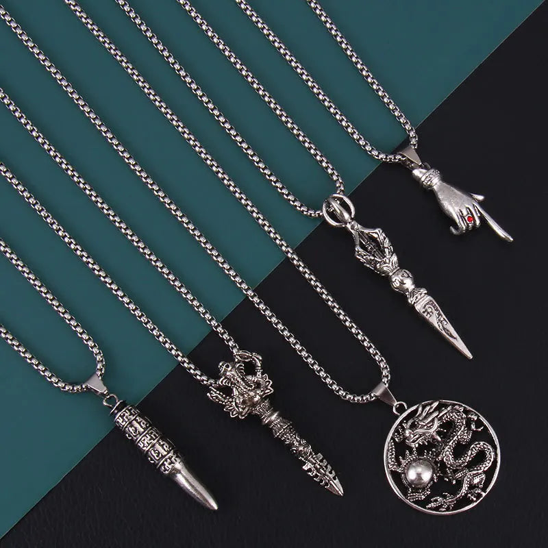 Retro Chinese Style Stainless Steel Necklace Men's Trendy Dragon Finger Bullet Metal Charm Pendant Hanging Chain Necklace