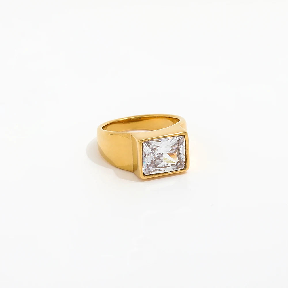 Fenny Stainless Steel Chunky Permanent Rectangle Zirconia Ring Trendy for Women 18K Gold Plated Wholesale Jewelry