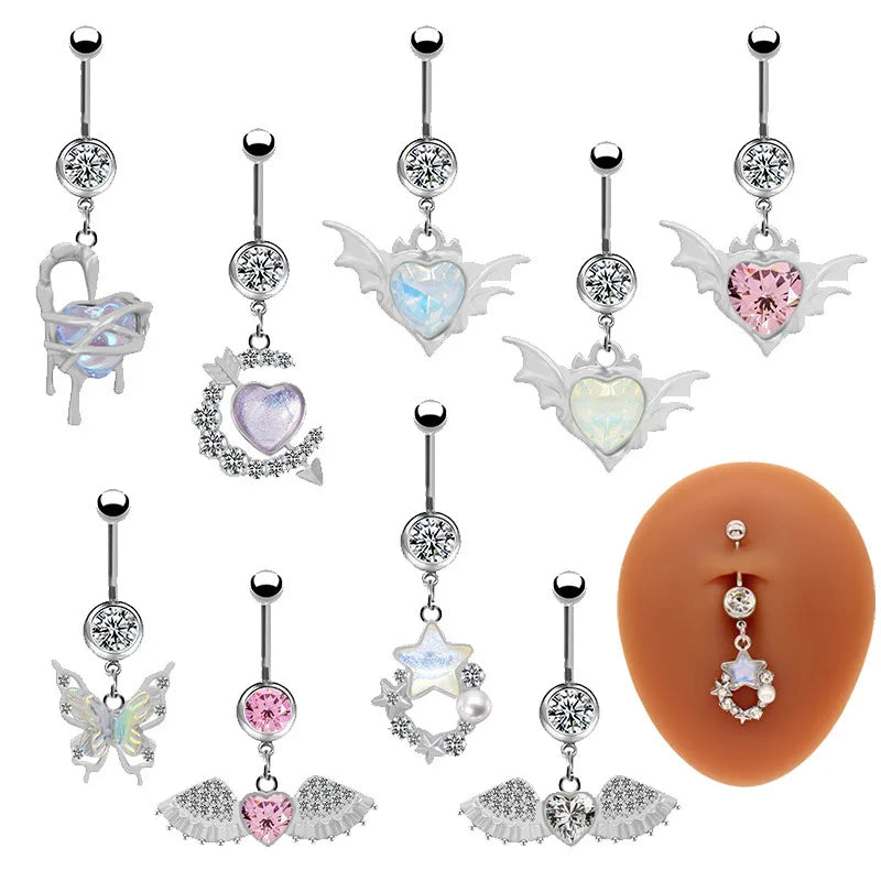 Trend Wholesale Planet Stainless Steel Zircon Rhinestone Heart Wing  Star Navel Rings  for Women Navele Stud Piercing