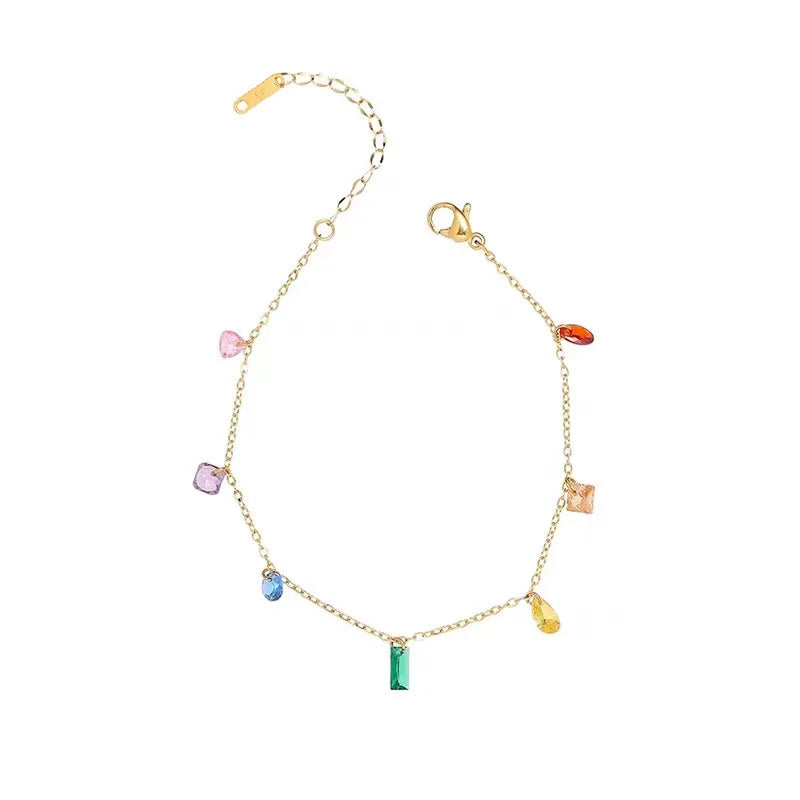 Fashionable Women's Summer Colored Zircon Pendant Necklace Retro Tassel 18k Gold-plated Stainless Steel Charm Bracelet Jewelr