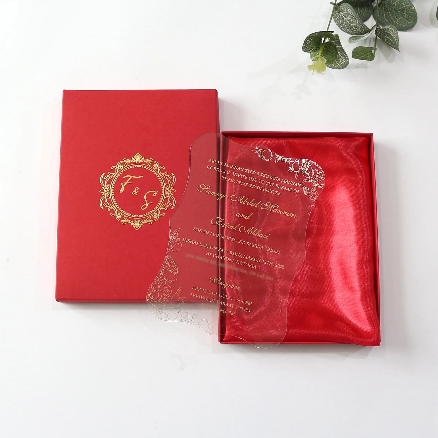 Elegant 5x7 Inches Clear Acrylic Custom Wedding Luxury Invitations With Gold Foil Initials Red Paper Box
