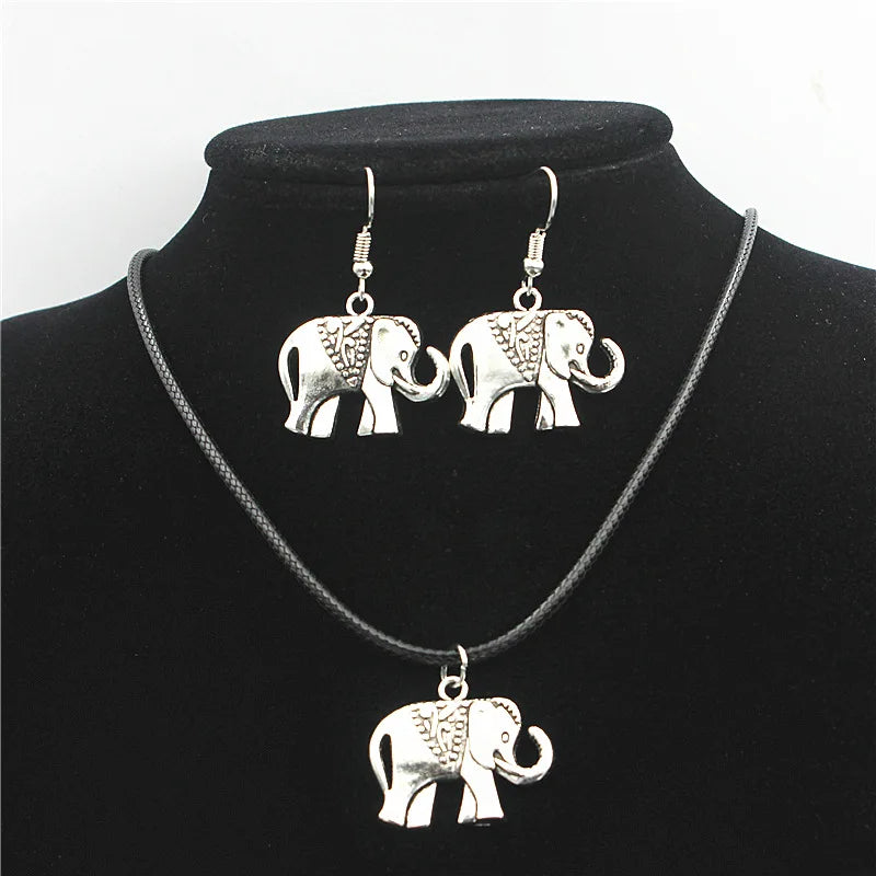 Europe America Fashion Beach Jewelry Set Boho Ethnic Silver Plated Elephant Pendant Necklace Drop Earrings Set for Women