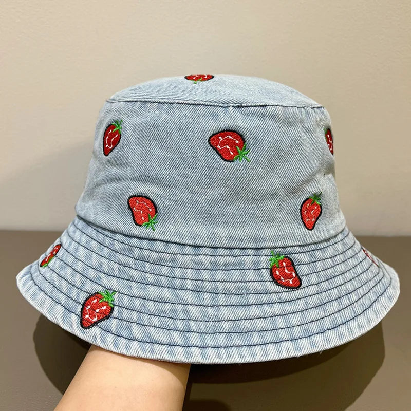 Light Denim Strawberry Cherry Vintage Bucket Hat Embroidery Jean Butterfly Design Denim Bucket Hat for Women