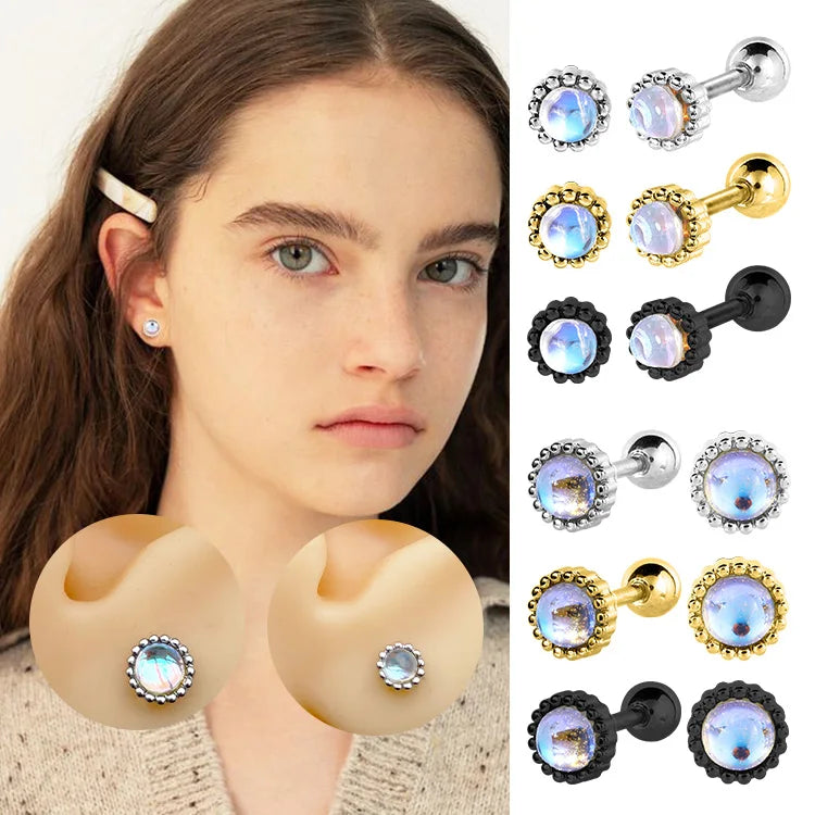 Colorful Opal Stud Earrings Silver Gold Black Stainless Steel Gold Plated Trendy Fashion Women's