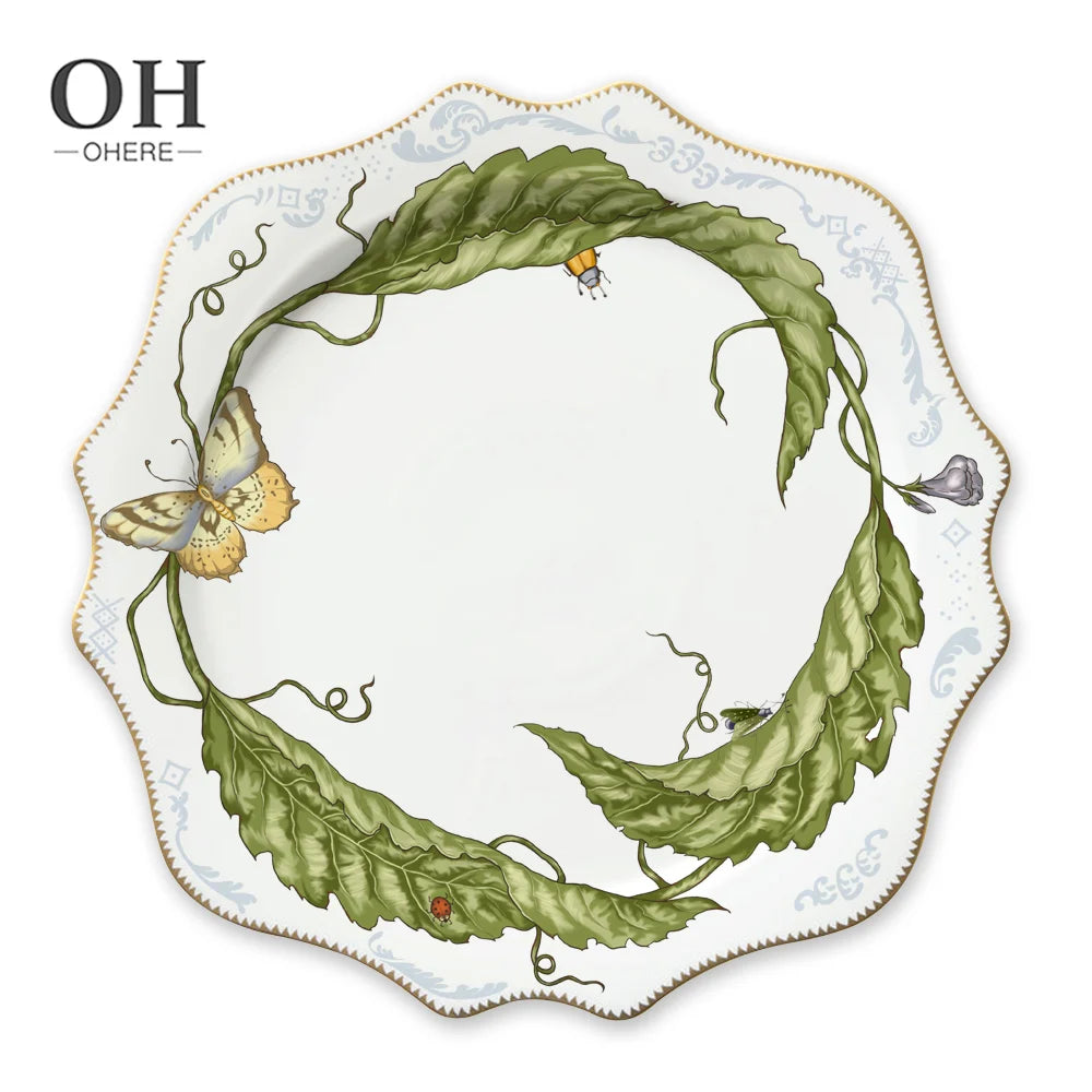 China Factory Wholesale Luxury 4pcs Eco-Friendly Bone China Contemporary Floral Insect Dinnerware Ceramic Charger Plates Wedd