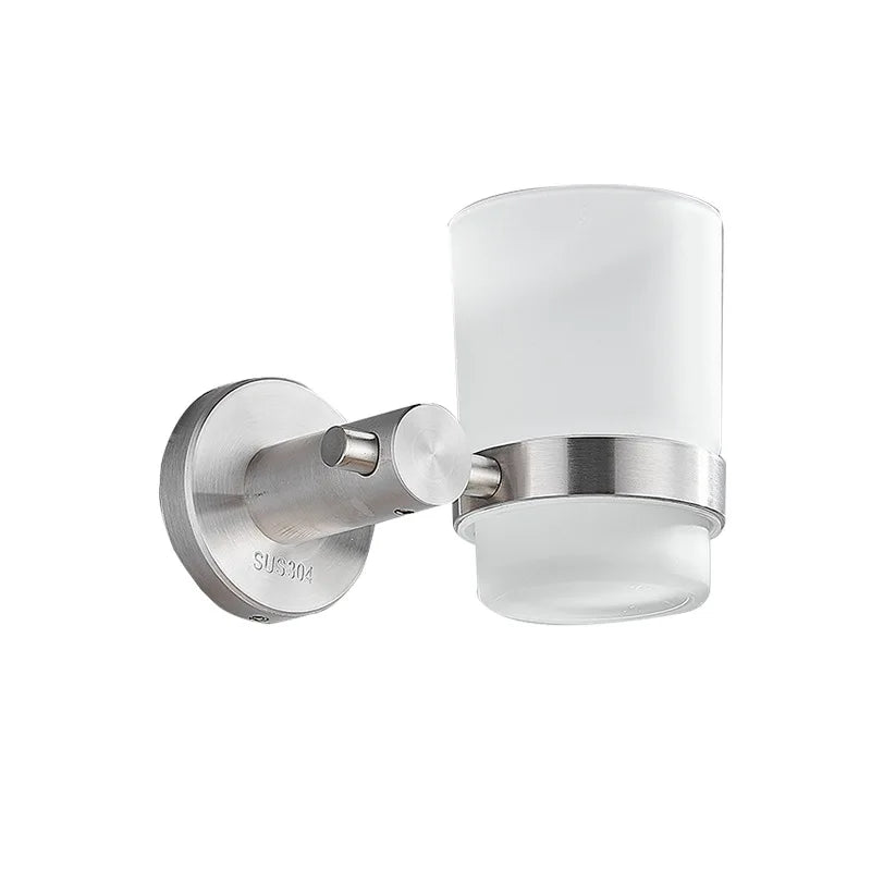 Single Cup Glass Wall Mounted Toothbrush Holder with Mouthwash Cup 304 Stainless Steel Bathroom Hardware Set