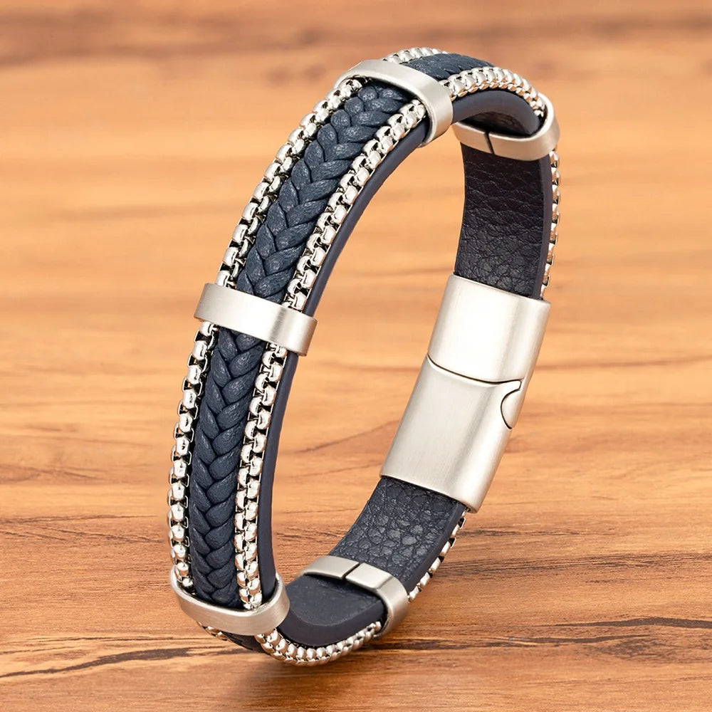 New Listing Genuine Leather with Metal Chains Bangle Stainless Steel Magnetic Buckle Custom Logo Hand Jewelry for Men