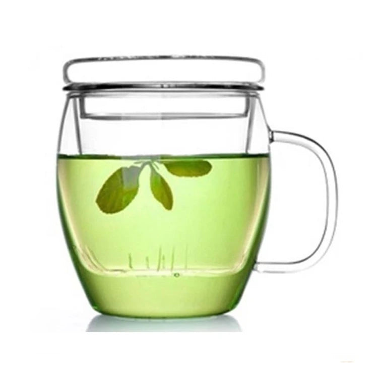 17oz 450ml Handmade Eco-Friendly Modern Luxury Heat Resistant Borosilicate Glass Tea Mug Set Infuser Lid for Tea Coffee Brewi