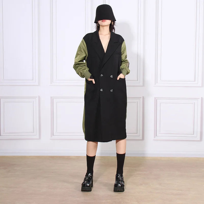 2024 Spring Retro Blazer for Women New Contrast Color Splicing Design Loose Slim Long Windbreaker Jacket Solid Collar Clothin