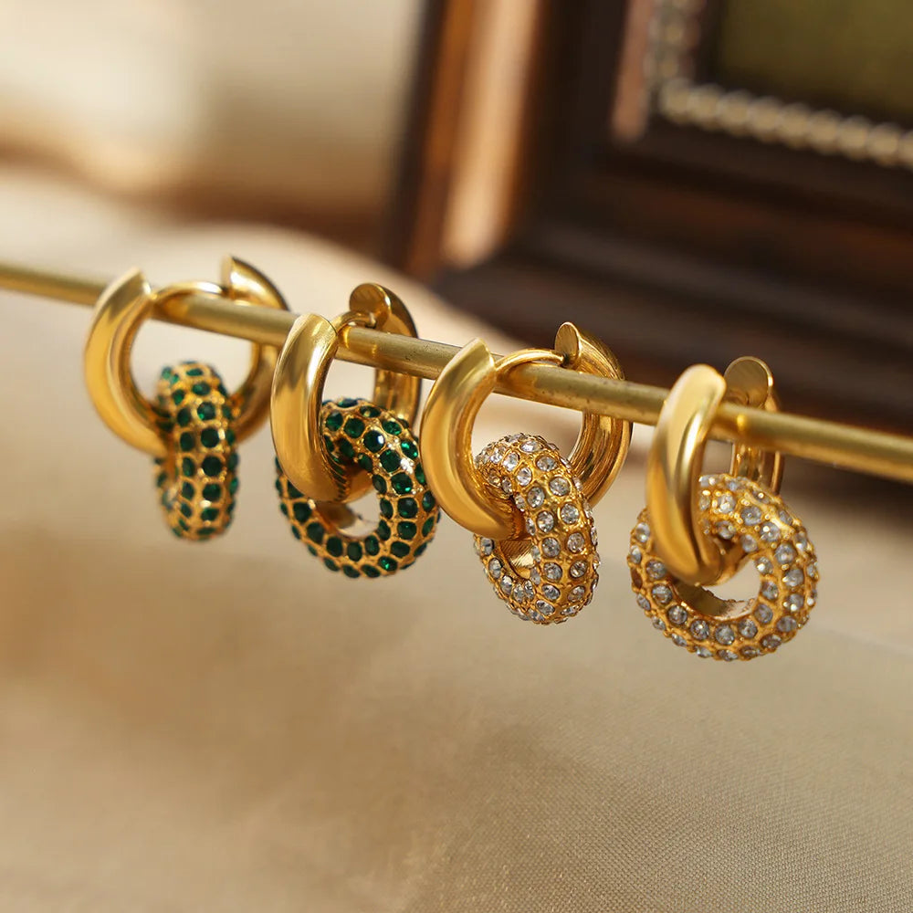 Joolim 18K Gold Plated Wholesale Luxury Personality Fashion Retro Zirconia Circle Pendant Huggie Earring Stainless Steel Jewe