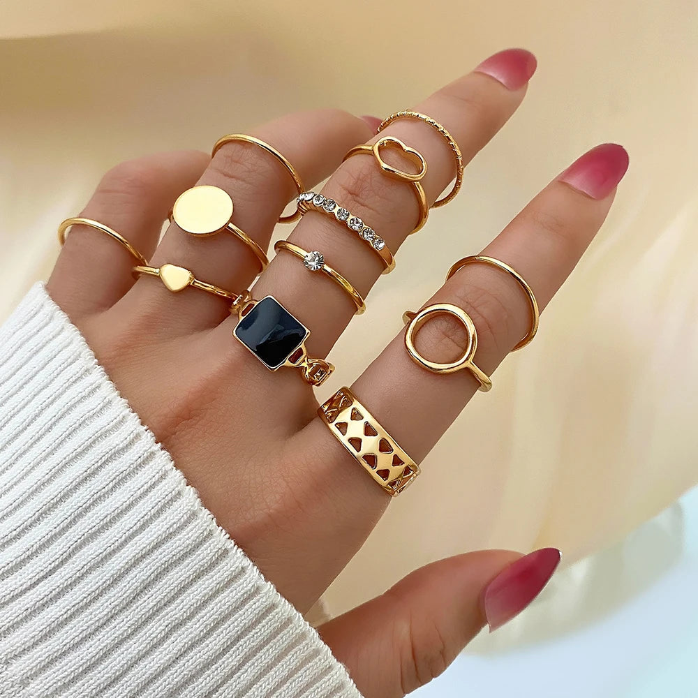 12pcs/set Geometric Punk Oil Drip Gold Plated Crystal Finger Ring Set Punk Diamond Chunky Pearl Rings Set for Women Jewelry G