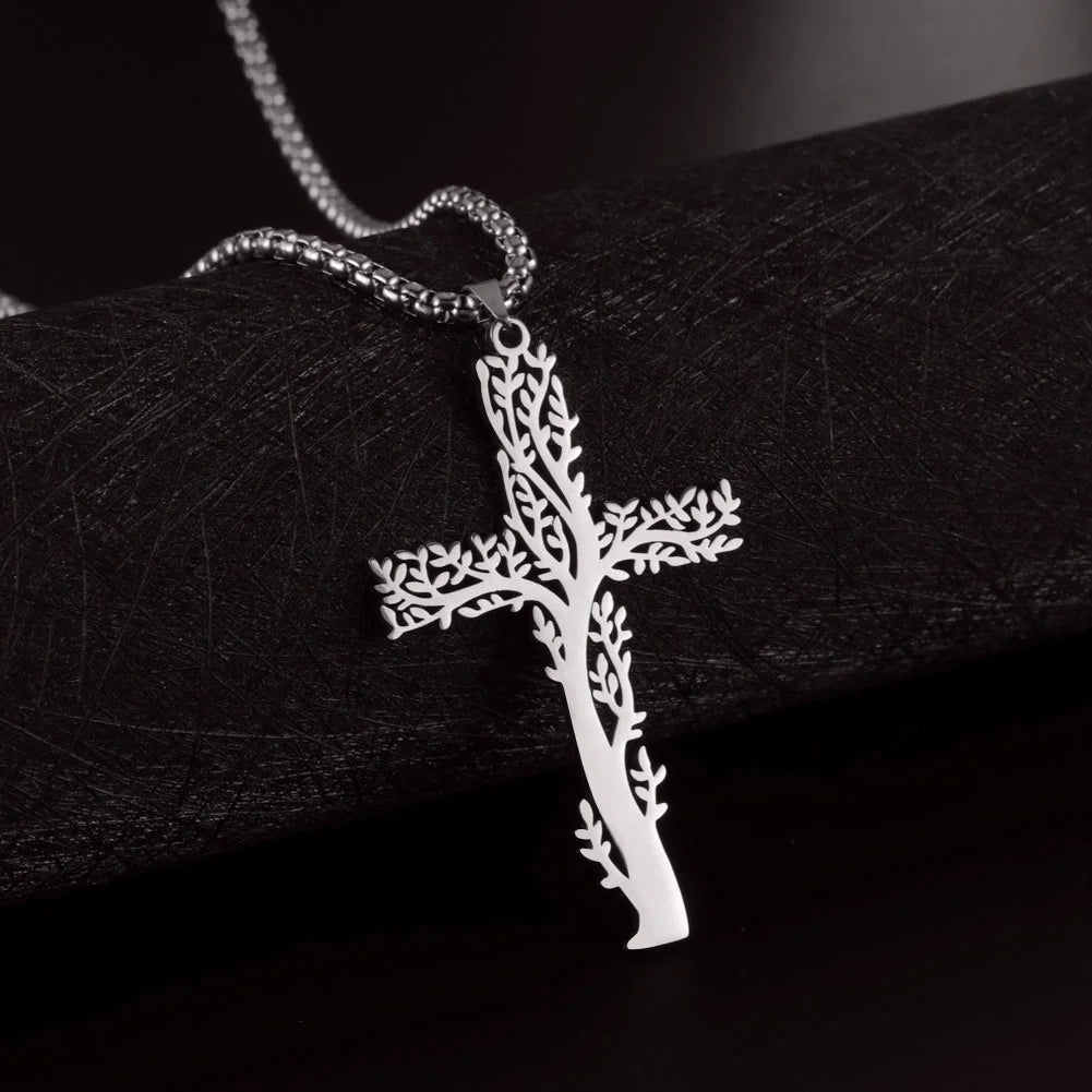 Tree of Life Cross Necklace Gold Color Stainless Steel Jewelry Chain Necklaces Religious Gift for Men Women Wholesale
