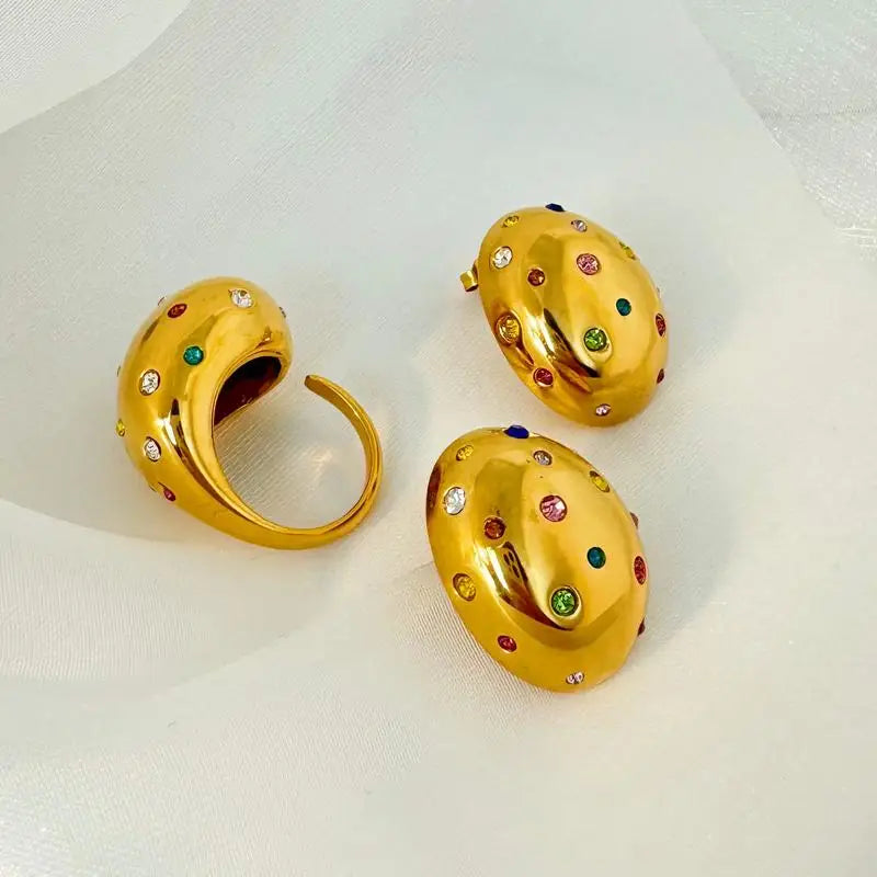 Colored Zircon Irregular Oval Earrings Water Drop Open Ring Fashion Stainless Steel Plated 18K Jewelry Set