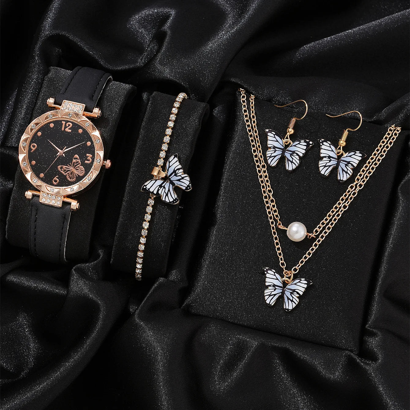 New Design Luxury 4 PCS butterfly Jewelry Watch Women Gift Set  Ladies Necklace Bracelet Watch Set