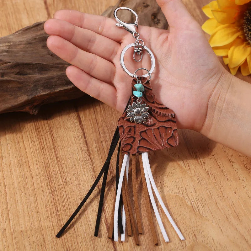 Western Leather Tassel Keychain Geometric Cow Brand Turquoise Sunflower Bull Shield Pendant Keychain for Women
