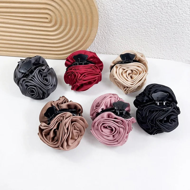 MIO Elegant Satin Camellia Rose Hair Claw Solid Color 9.5cm Big 6 Flowers Hair Claw Clips High Quality Holder Plastic Hair Cl