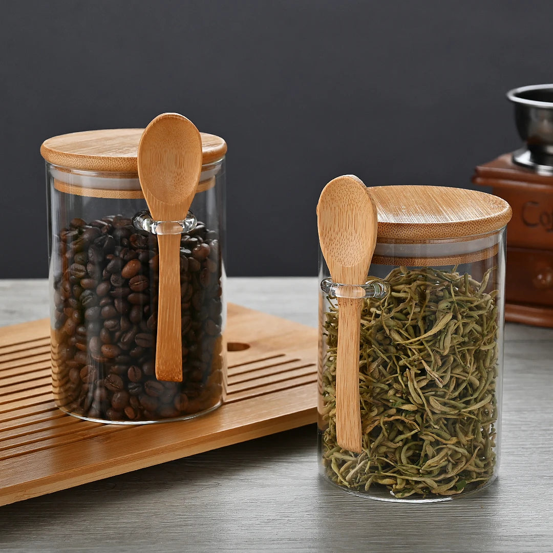 Multipurpose Kitchen 2pcs 500ml Round Airtight Glass Spice Jar with Bamboo Lid Set