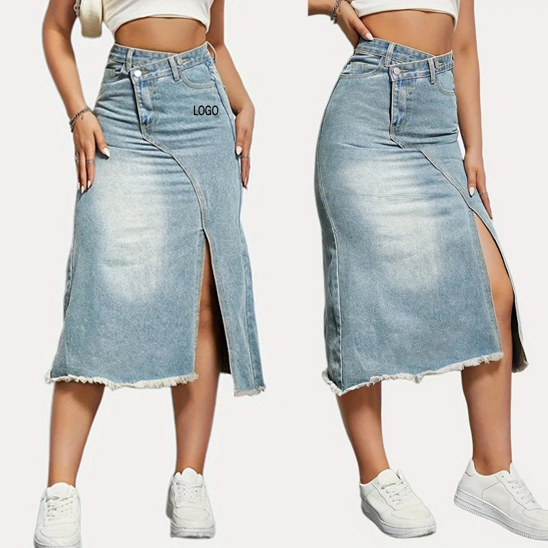 T2644 New American Retro Denim Skirt Women's Fashionable Split Stitching Autumn Spring Summer Mid-Length Women's A- Line Skir
