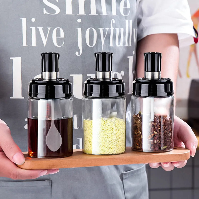 Wholesale Price Spice Glass Jars Glass Storage Containers with Spoon Oil Brush Glass Honey Jar Dispenser