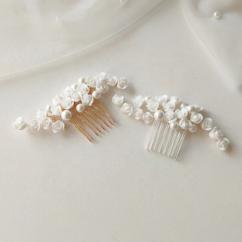 Romantic Rose Flower Headpiece Shell Pearl Hair Comb Accessories Bridal Wedding Jewelry for Women Girls