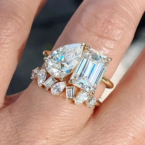 CAOSHI Manufacturer Price Waterdrop Rectangle Cubic Zircon Set Rings for Women Gold Color New Wedding Bridal CZ Ring Sets