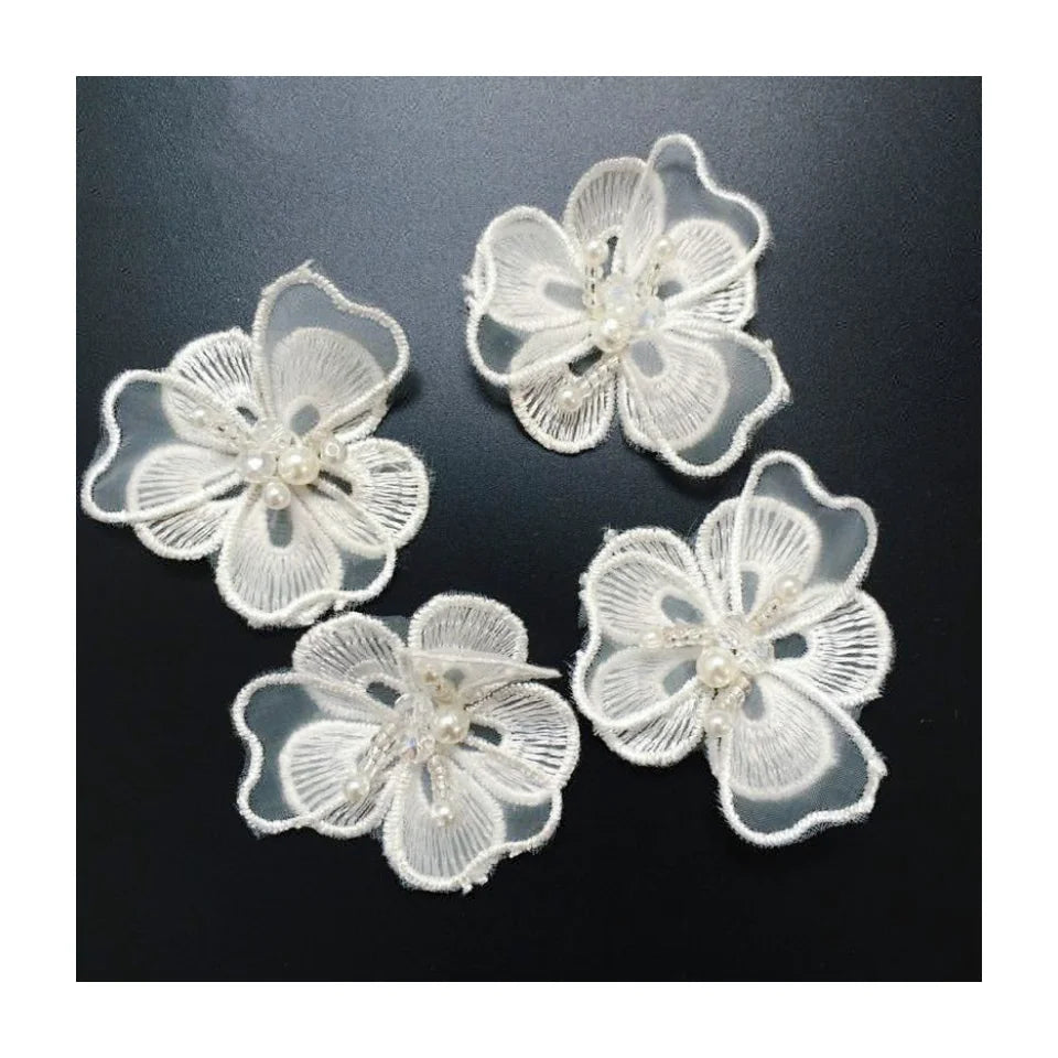 White 3D Embroidered Metallic Yarn Lace Patches Beads Eco-Friendly Customizable Color Applique for Garment Decorations-DA915