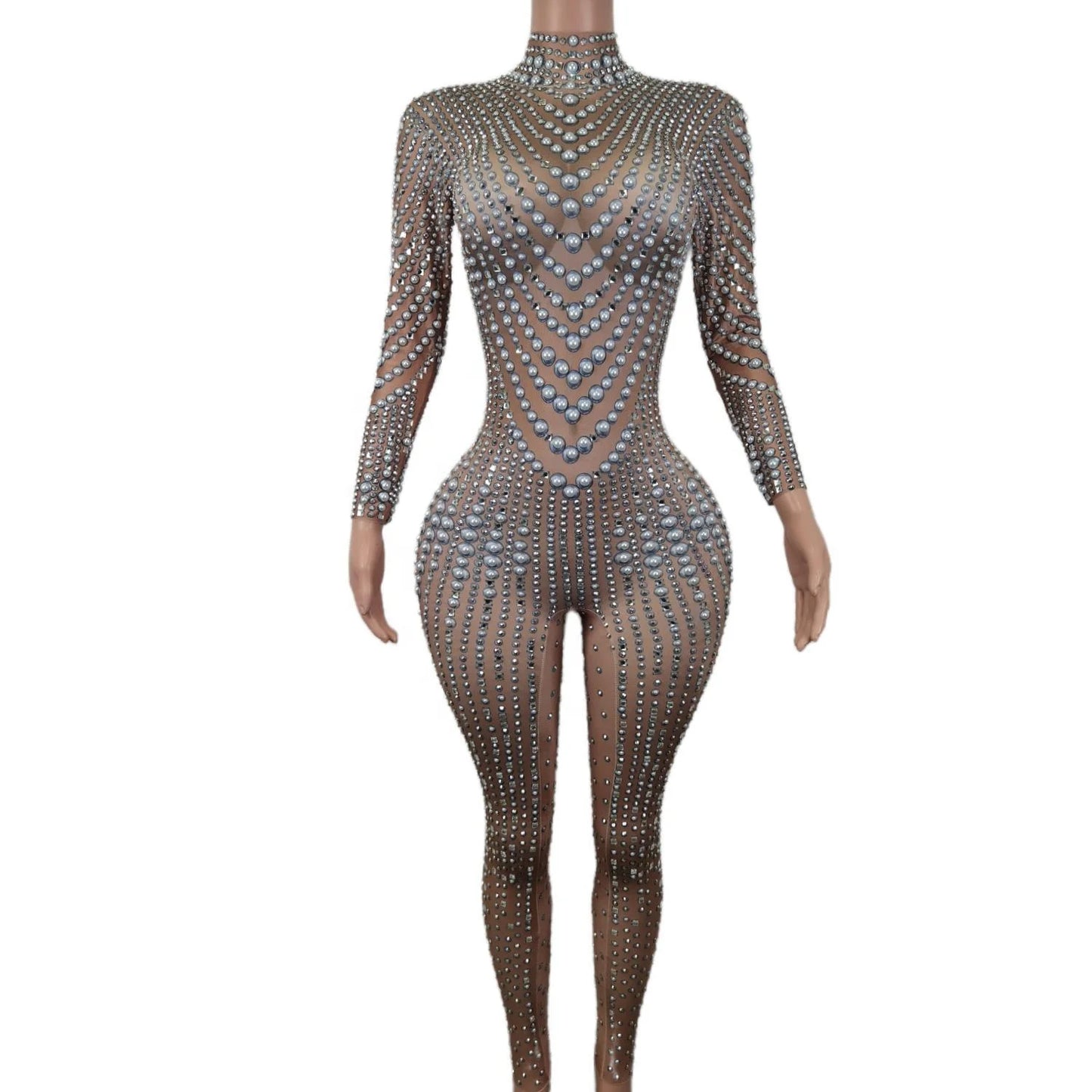 Elegant Long Sleeves Pearls Diamond One Piece Bodysuit Pole Dancer Festival Outfit Formal Party Ladies Rompers Women Jumpsuit