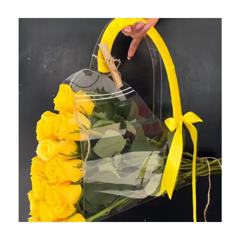 Clear Bouquet Sleeves Portable Flower Bags With Yellow Velvet Long Handle