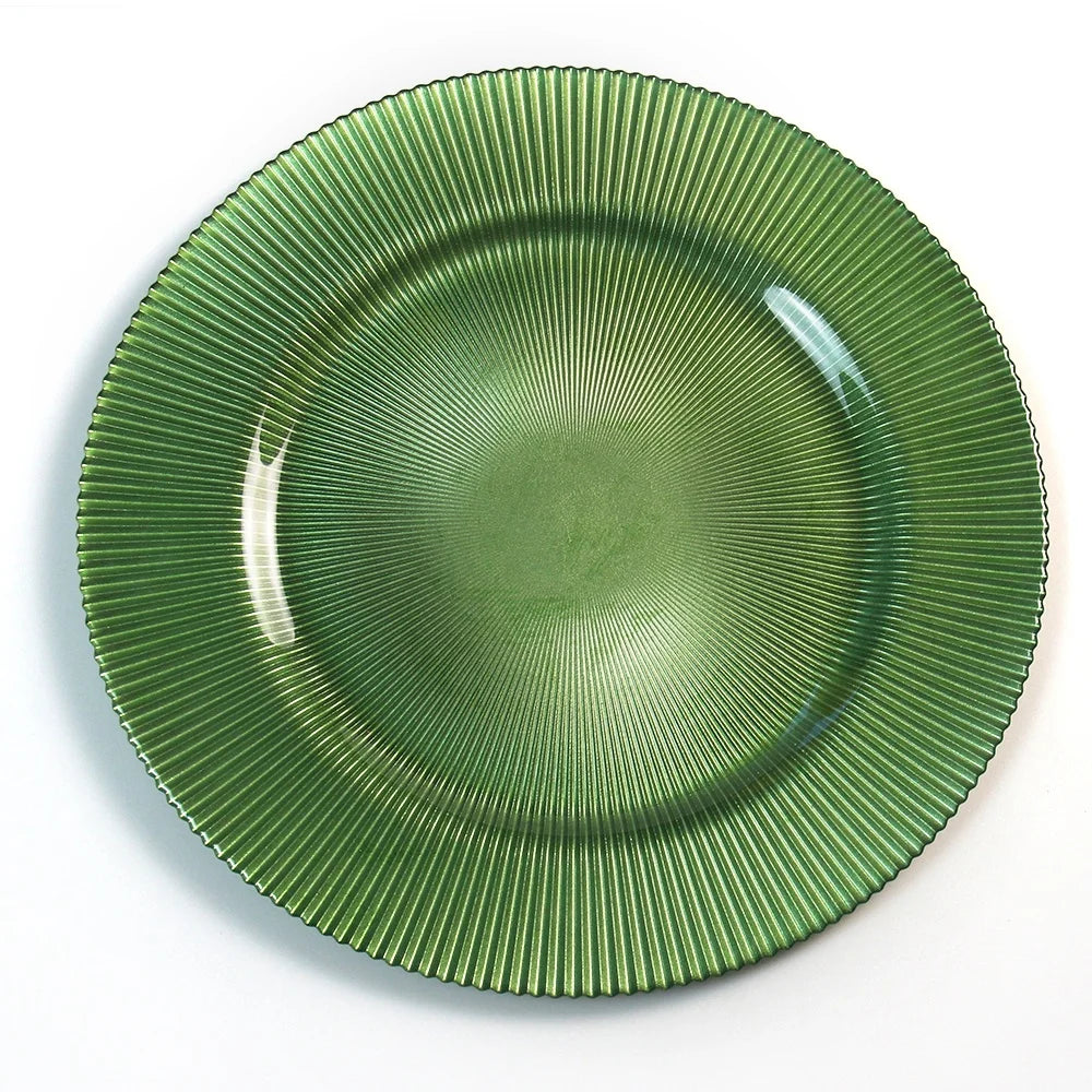Wholesale 13Inch Elegant Customize Green Blue Gold Rose Gold Round Striped Pattern Glass Charger Plates for Wedding Decoratio