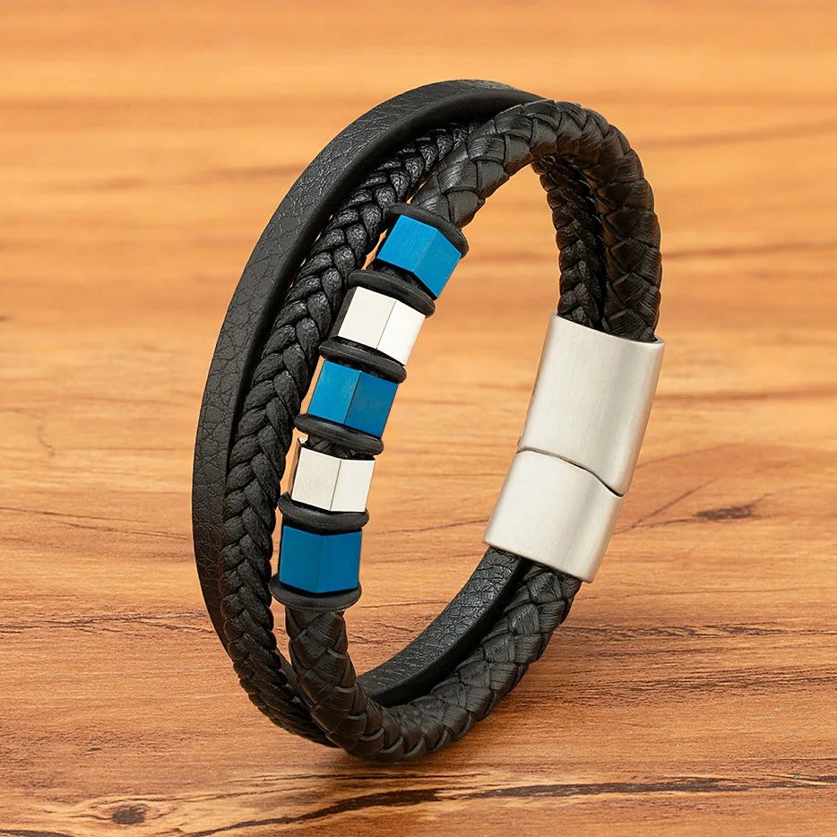 Custom Logo Black Hand-woven Genuine Leather Bracelet Men's Stainless Steel Magnetic Clasp Bangle Jewelry Mens Surfer Bracele