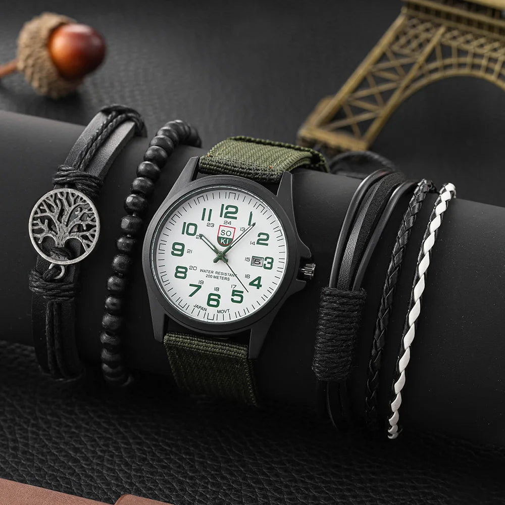 New Men's Business Alloy 4 Pcs Jewelry Watch Set Casual Canvas Strap Number Date Wristwatch and Bracelet Gift Set for Man