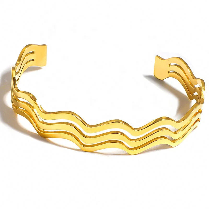 2022 Fashion 18K Real Gold Plated Stainless Steel Curved Sea Wave Noodles Bangle Bracelet Fashion Jewelry