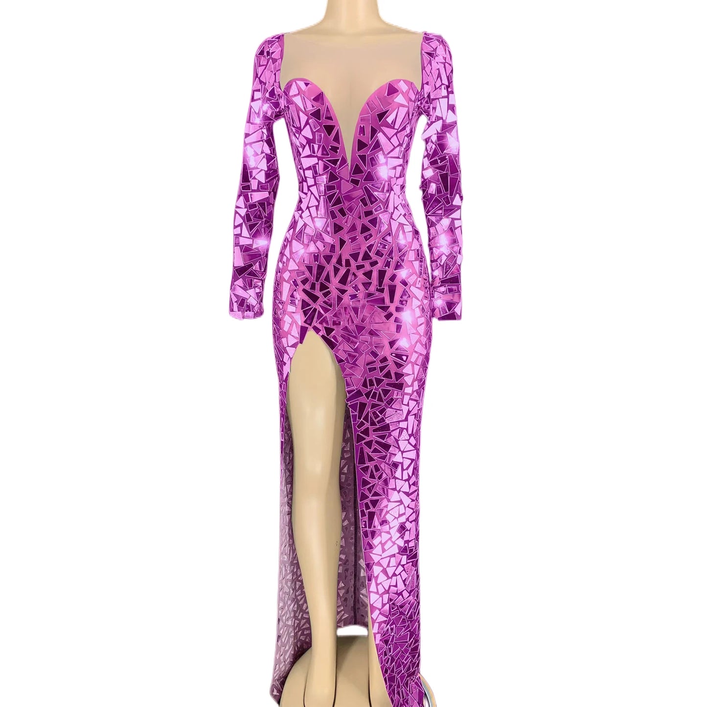Sexy Long Sleeve Mirror Sequin Wedding Birthday Long Gown Ladies Sexy Club Prom Dress Women High Slit Banquet Evening Maxi Dr