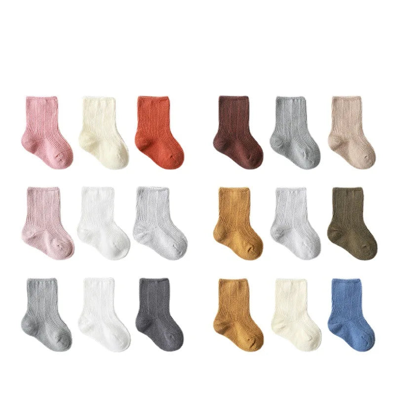 Wholesale Anti-Slip Breathable Cotton Mid-Calf Sports Socks Candy Color Ribbed Design Newborns 0-3 Months Spring Knitted Baby