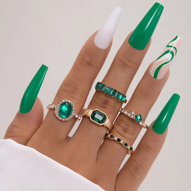 Fashion Vintage Gemstone Rings 18K Gold Plated Rings Light Luxury Jewelry Diamond Ring Set for Women