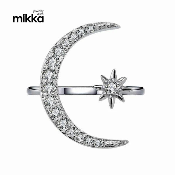 Vintage New Design Popular Brand Moon Star Shape Crystal Adjustable Silver Plated Ring for Women Girls Party