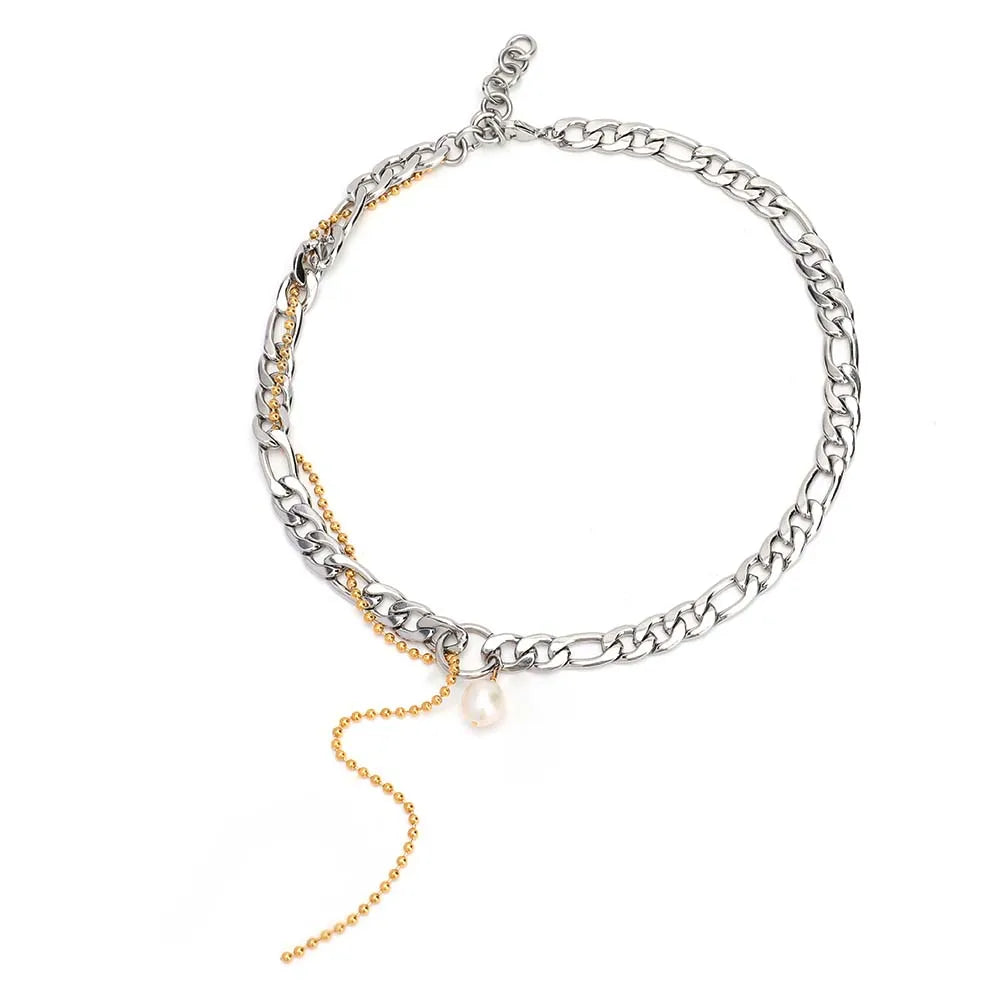 Punk Asymmetric Curb Chain Necklaces for Women Simple Natural Pearl Girl Collar JewelryRock Multi-Layered Neck Accessory