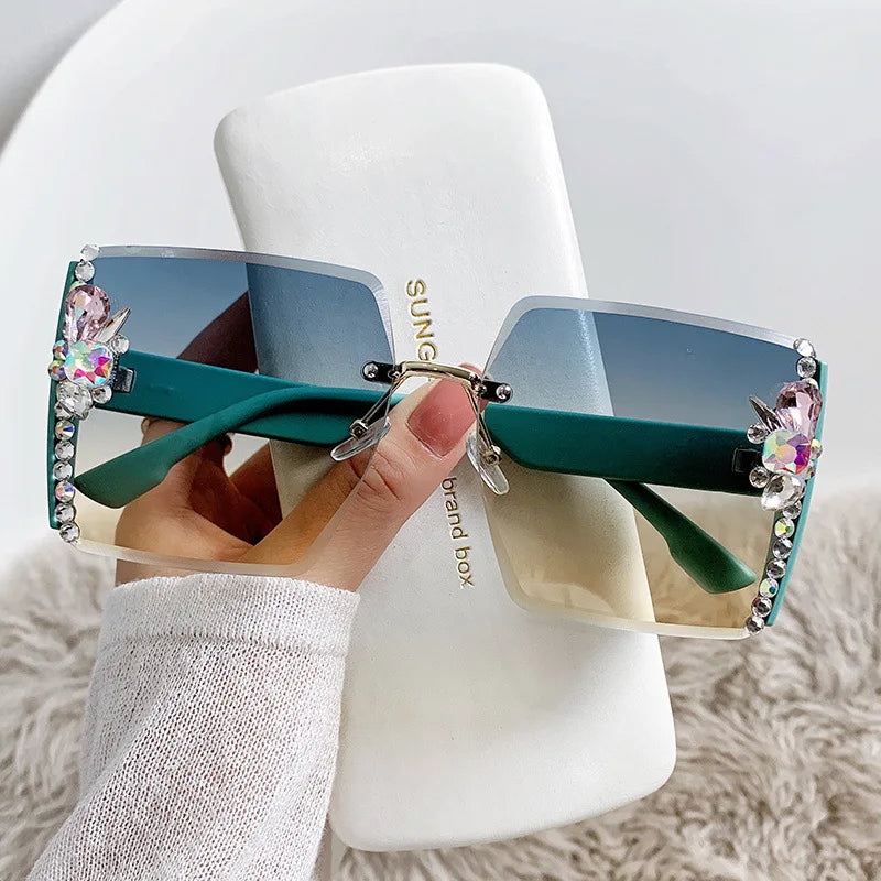 Bling Diamond Sunglasses for Women Square Rimless Frames Sunglasses Female Uv400 Protection Sunglasses