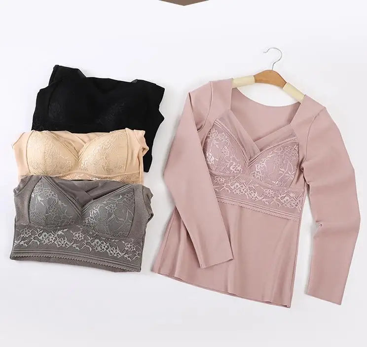 2025  Thermal Long-sleeved Underwear Ladies Slim Lace Chest Pad Integrated Velvet Youth Women's Thermal   Blouse